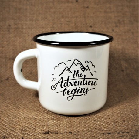 Smaltovaný hrnek bílý - ADVENTURE BEGINS